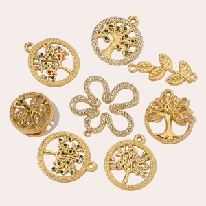 Golden Tree of Life and floral stainless steel pendants with colorful rhinestones