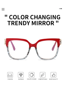 Detailed view of red cat-eye glasses frames with blue-gray striped temples and metal hinges