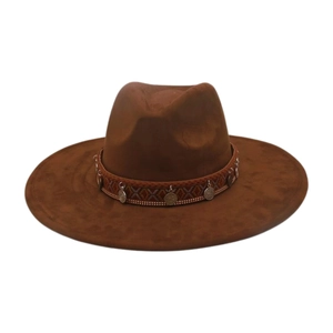Chapeau Fedora À Bord Large Rétro Bande Tressée Ethnique Pièces Métal Style Boho Suede