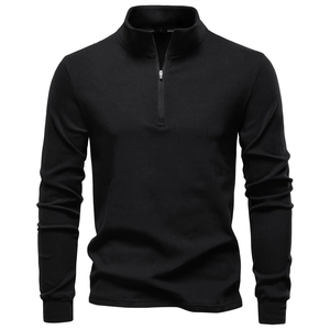Close-up of a black quarter-zip stand collar sweatshirt with visible fabric texture