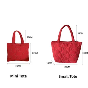 Quilted heart pattern tote bags in mini and small sizes with detailed dimensions
