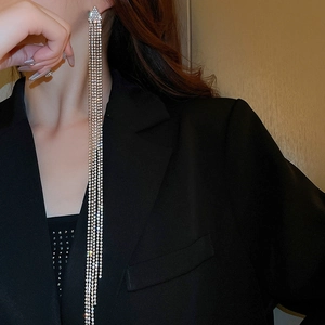 Élégantes boucles d'oreilles longues à pompons argentés avec strass portées par un mannequin