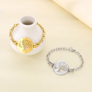 Tree Of Life Bracelet Stainless Steel Hollow Round Pendant Link Chain Elegant Jewelry For Women Gold And Silver