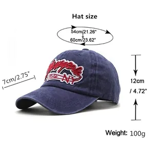 Navy blue washed cotton NY baseball cap with embroidery, showing size specifications