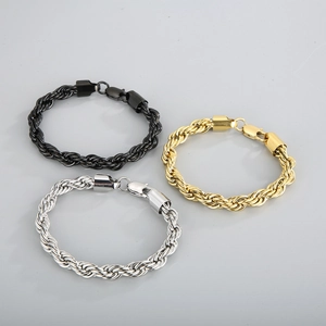 Minimalist stainless steel twisted rope bracelets in gold, silver, and black finishes