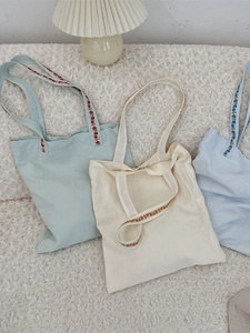 Floral embroidered canvas tote bag with large capacity in mint green, beige, and blue