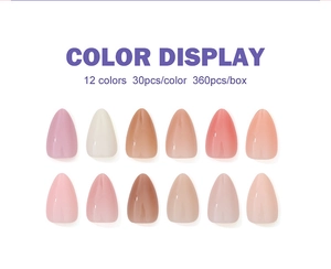 Detailed color display of 12-shade almond nail set showing 360 glossy press-on pieces