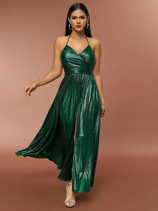 Halter V-Neck High Slit Maxi Dress Metallic Luster Pleated Ruched Evening Party Gown Elegant For Women