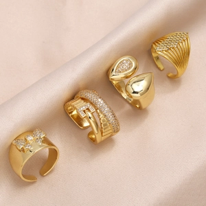 Vintage Gold Plated Copper Open Rings With Zircon Bowknot Belt Buckle Teardrop Designs Adjustable Finger Jewelry For Women