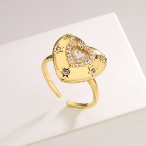 Chic 18K gold plated heart ring with zircon stars and adjustable open band design