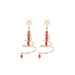Close-up of spiral gold wire Christmas tree earrings with red and green crystal beads