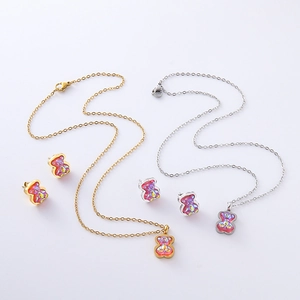 Charming resin colorful bear jewelry set including two necklaces and matching stud earrings