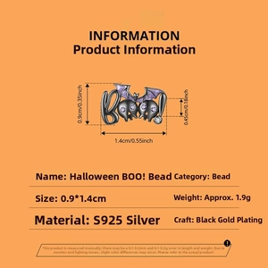 Detail view of S925 silver Halloween BOO bead charm with dimensions and material specs