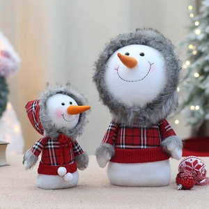 Christmas snowman plush doll family set with red plaid coats and warm holiday decor