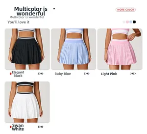 Collage of high-waisted pleated tennis skirts in black, blue, pink and white colors