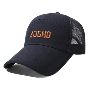 Navy blue mesh trucker hat with orange AJGHO embroidery and extended brim for sun protection