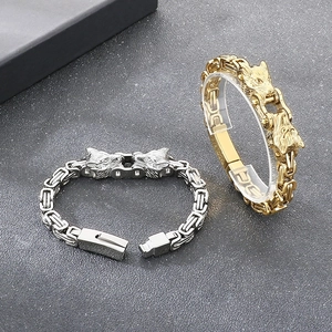 Men's retro wolf head biker bracelet in silver and gold stainless steel finish