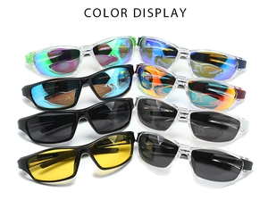 Assorted polarized sports sunglasses display with UV400 protection in various lens colors