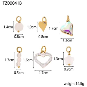 Detailed size specifications for heart pendants and crystal charms set with measurements