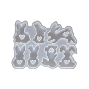 Silicone mold with seven different rabbit shapes and heart patterns for Easter DIY