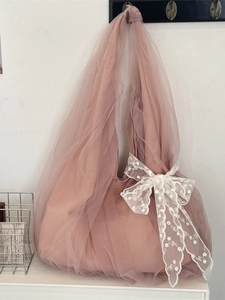 Women Mesh Shoulder Bag Large Capacity Lace Bow Embroidered Organza Tote Bag Korean Style Sweet Casual Polyester
