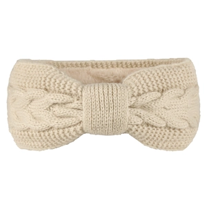 Detail of cable knit headband with thick fleece lining for warmth and soft texture