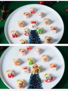 Macro detail of Christmas theme rings featuring mini Santa, snowman and gingerbread resin designs