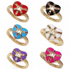 Heart Shaped Evil Eye Adjustable Open Ring Copper Gold Plated Enamel Micro Pave Colorful Zircon Jewelry For Women