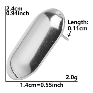 Detailed dimensions of polished stainless steel oval stud earring with metric measurements