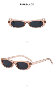 Front and side views of pink translucent narrow frame oval sunglasses with black lenses