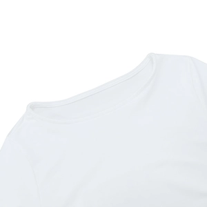 Detail of the crew neck collar and high-quality double stitching on the white dress