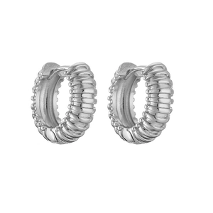 Macro detail of silver twisted hoop earrings with a ribbed texture and metallic finish