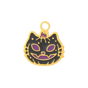 Halloween black cat pumpkin charm pendant in purple and gold alloy for festive jewelry