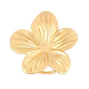 Detailed view of a gold flower ring featuring textured petals and a minimalist band