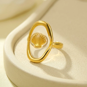 Detailed view of adjustable gold shell ring with transparent resin inlay and size specs