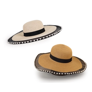 Elegant wide brim straw sun hats with black ribbon and pearl trim for women summer fashion