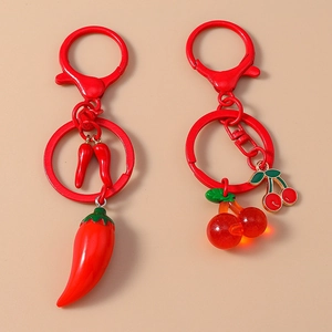 Simulation Food Keychain Resin Chili Pepper Cherry Fruit Pendant Red Metal Keyring Bag Hanging Ornament Decor