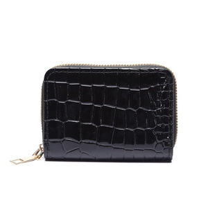 Black crocodile embossed leather wallet with gold zipper and nine card slots