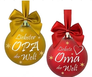 Detail of gold and red Christmas baubles with German tribute to Grandpa and Grandma