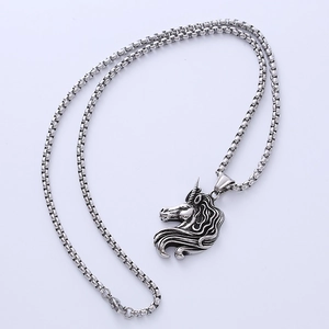 Polished silver unicorn hip-hop pendant necklace for men in vintage stainless steel finish
