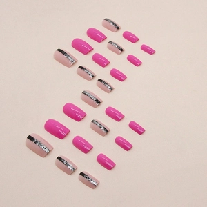 Square rose pink press-on nails set with black stripes and silver glitter accents
