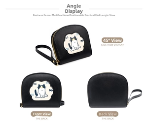 Multi-angle view of a semi-circular cat pattern coin purse with gold zipper and wrist strap