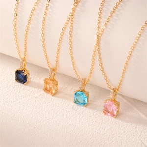 Elegant minimalist square zircon pendant necklaces in blue, gold, cyan, and pink colors