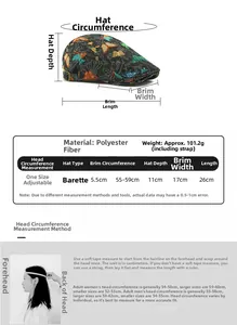 Size chart for vintage butterfly beret with detailed measurements and polyester fabric specs