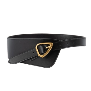 Women black wide leather waist belt with signature gold triangle buckle for dresses