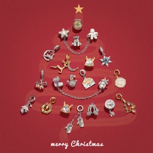 Christmas S925 sterling silver charms featuring snowmen and gingerbread men on red background
