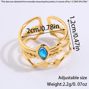 Detailed dimensions of gold-plated butterfly wheat ring with blue marquise stone