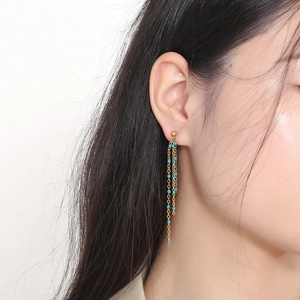 Close-up of golden multi-layer tassel earrings with peacock blue beads on a female model