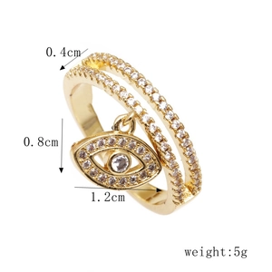 Detailed view of gold evil eye charm ring with precise dimensions and measurement labels