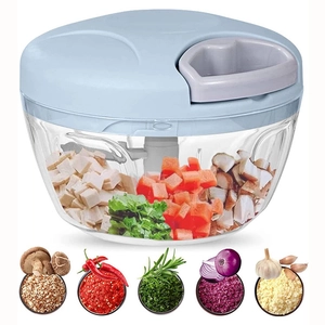 Detail of manual food chopper with light blue lid and chopped ingredients in clear container